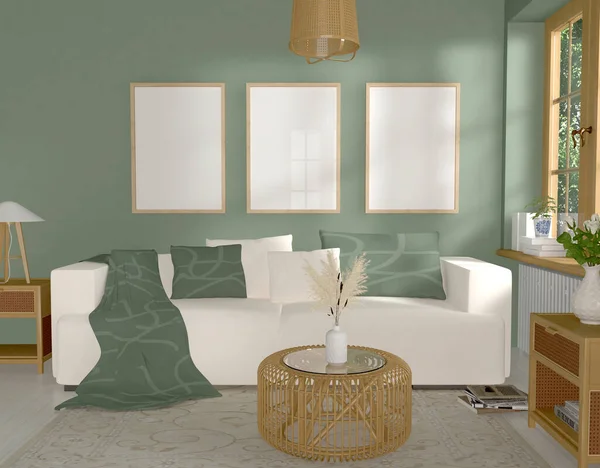 在绿色现代客厅的墙上模拟3帧 3D渲染 3D插图 — 图库照片