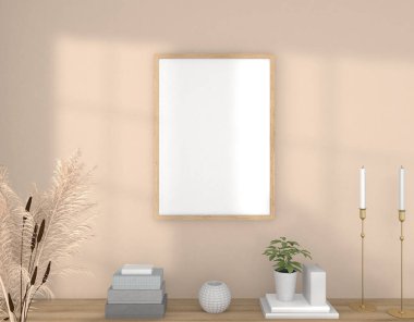 Tahta bir tahtanın duvarındaki ahşap çerçeve, 3 boyutlu resimleme, 3 boyutlu çizim