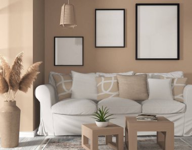 Modern oturma odasının duvarında 3 kare, 3 boyutlu görüntüleme, 3 boyutlu resimleme.