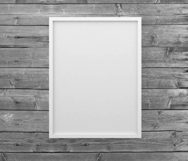 Mockup white blank frame on wood, 3d rendering, illustration	