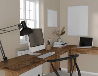 Office with desk and computer in front of window, 3d rendering, illustration	