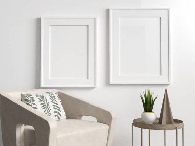 Mockup frame, armchair and table in front of a white wall, 3d Rendering, 3d Illustration	