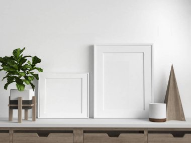 Mockup 2 picture frames, plant and decoration on a white sideboard, 3d rendering, 3d illustration	