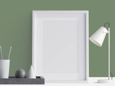 mockup frame on the wall with lamp, 3d rendering, 3d illustration	