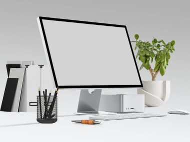 Office scene with computer screen mockup with white background, 3d Rendering, 3d Illustration	