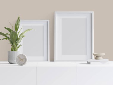design scene for 2 Mockup Frames, sideboard, plant and decoration, 3d rendering, 3d illustration	