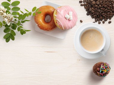 cup of coffee with coffee beans and donuts, 3d Illustration, 3d rendering	