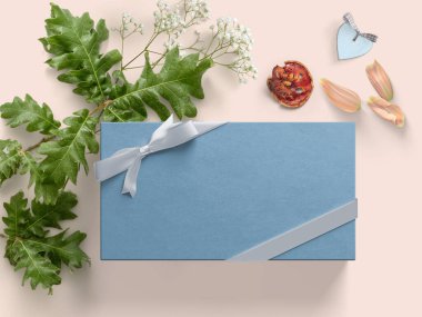 blue Gift box with ribbon surrounded by leaves, 3d Illustration, 3d Rendering