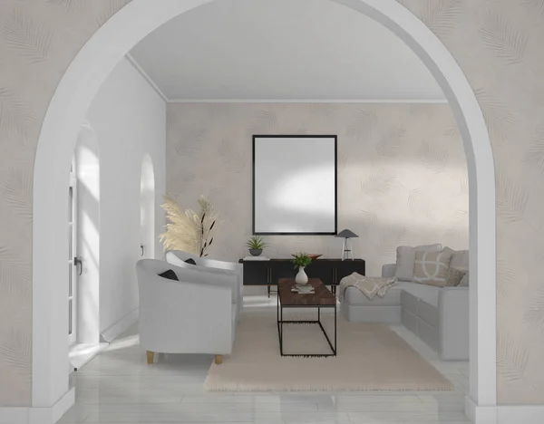 Living Room View Picture Frames Mockups Wall Rendering Illustration — Fotografia de Stock