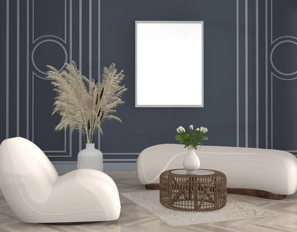 Modern Living Room Sofa Chair Mock Picture Frame Wall Rendering — 图库照片