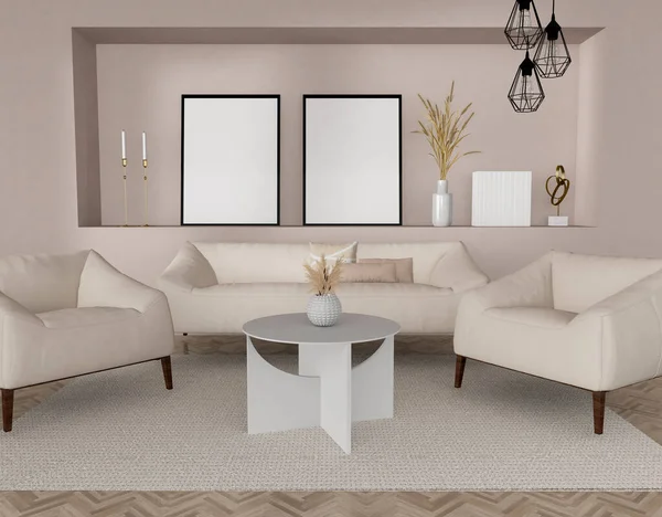 Modern Living Room Sofa Mockup Frames Rendering Illustration — 图库照片