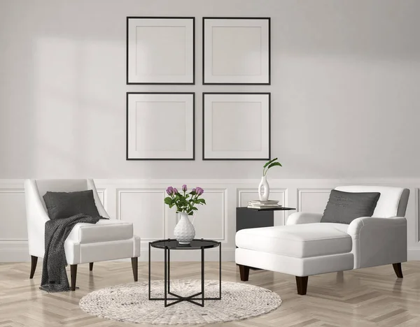 Interior Design Room Chairs Table Mockup Frames Rendering Illustration — Stok fotoğraf