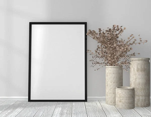empty frame on the wall with decoration vases, 3d rendering, illustration
