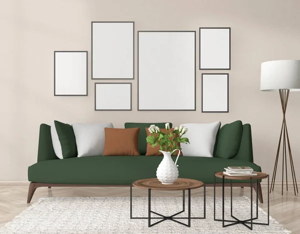 modern living room with green sofa and mockup frame, 3d rendering, Illustration