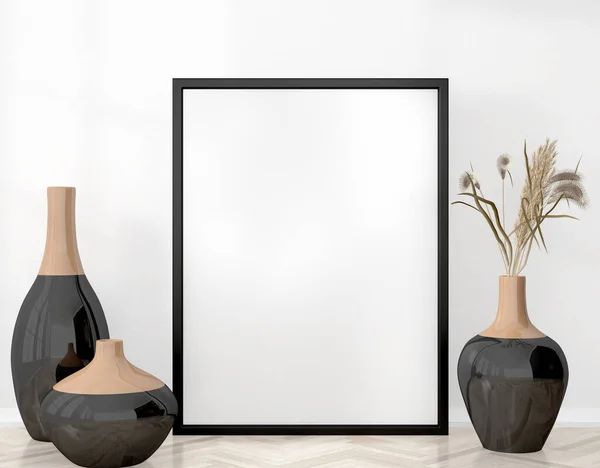 empty frame on the wall with decoration vases, 3d rendering, illustration