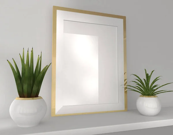 Mockup Golden Picture Frame Two White Decorative Vases Plants Rendering — Stok fotoğraf
