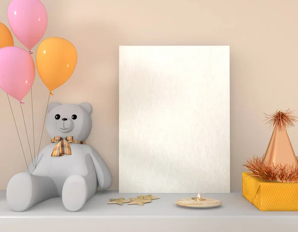 Birthday invitation with teddy, balloons and gifts, 3d rendering, illustration