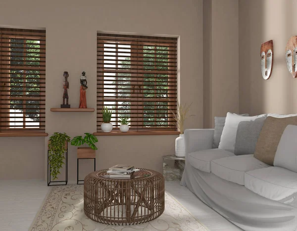Living Room Interior African Decoration Rendering Illustration — Stockfoto