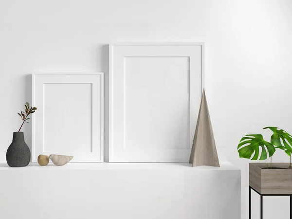 Mockup 2 picture frame, plant and decoration on a white shelf, 3d rendering, 3d illustration