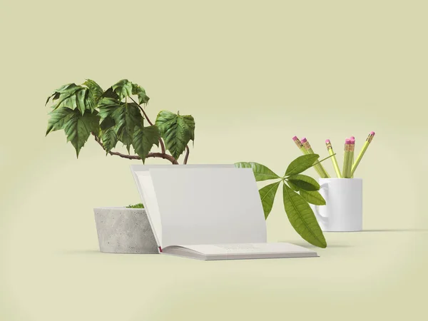Mockup book pages with plants and pens, 3d rendering, 3d illustration