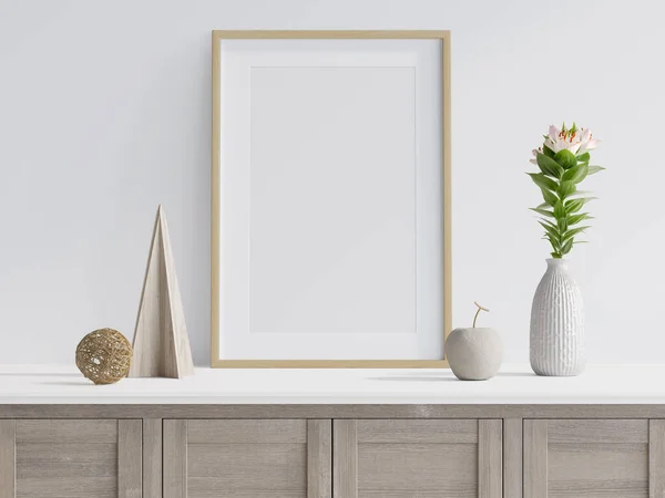 White Design Scene Wooden Frame Sideboard Plant Decoration Rendering Illustration — Stok fotoğraf