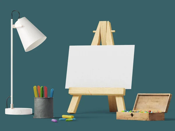 Mockup Poster Easel Chalk Pens Rendering Illustration — Foto Stock