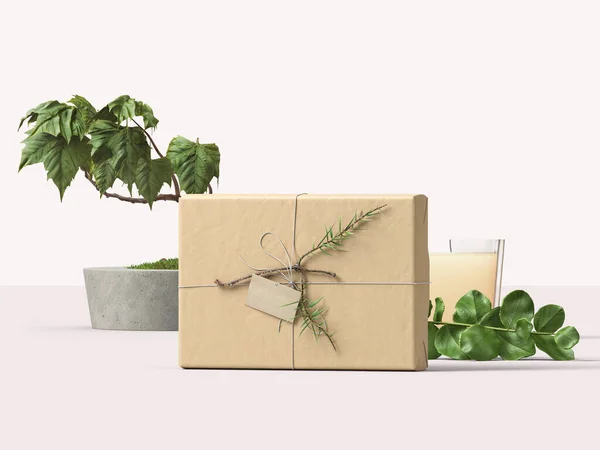 Mockup, beautiful shipping box, package with branch and tag, 3d Rendering, 3d Illustration