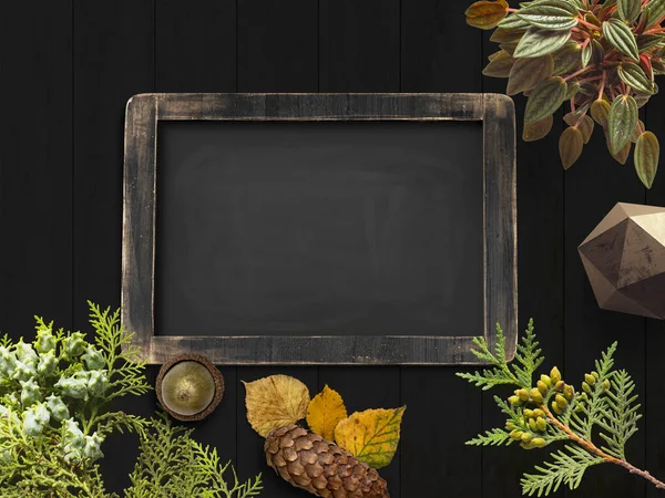 Autumn frame with leaves around chalkboard for mockup, with text space, 3d Rendering, 3d Illustration
