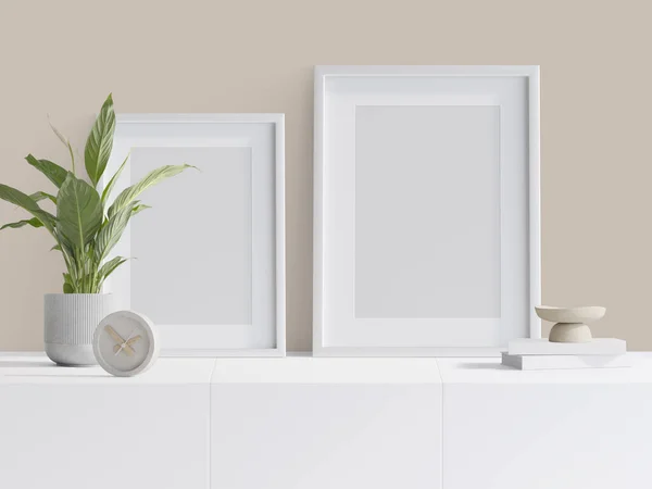 Design Scene Mockup Frames Sideboard Plant Decoration Rendering Illustration — Stok fotoğraf