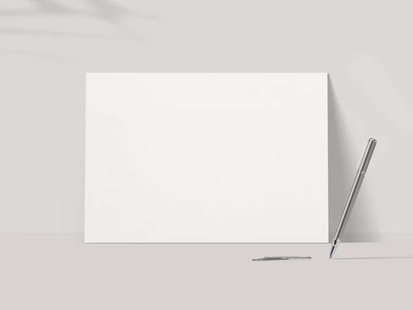 Blank Sheet White Paper Pen Mockup Rendering Illustration — Stok fotoğraf