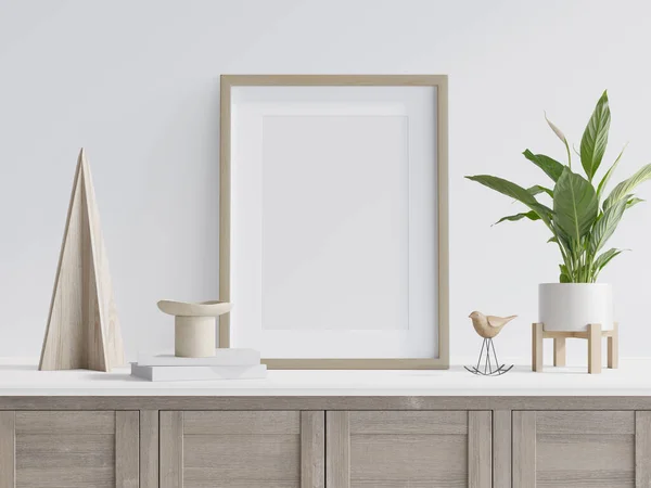 white room with wooden photo frame for mockup