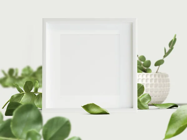 Photo Frame Mockup Green Leaves White Background — Stockfoto