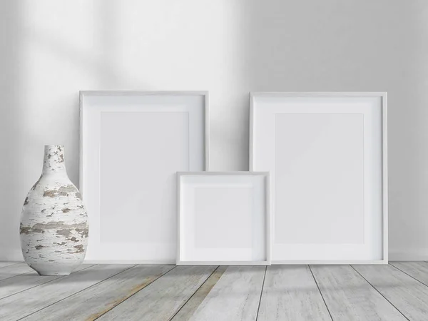 Photo Frames Mockup Wooden Floor White Background Rendering Illustration — Stok fotoğraf