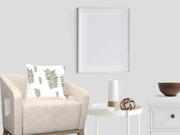 Living Interior Armchair Pillow Photo Frame Wall Rendering Illustration — Stockfoto