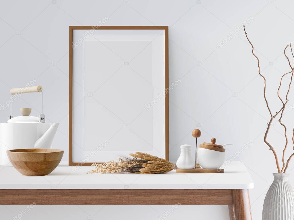 Kitchen scene with Photo Frame for Mockup and Kitchenware, 3d rendering, 3d Illustration	
