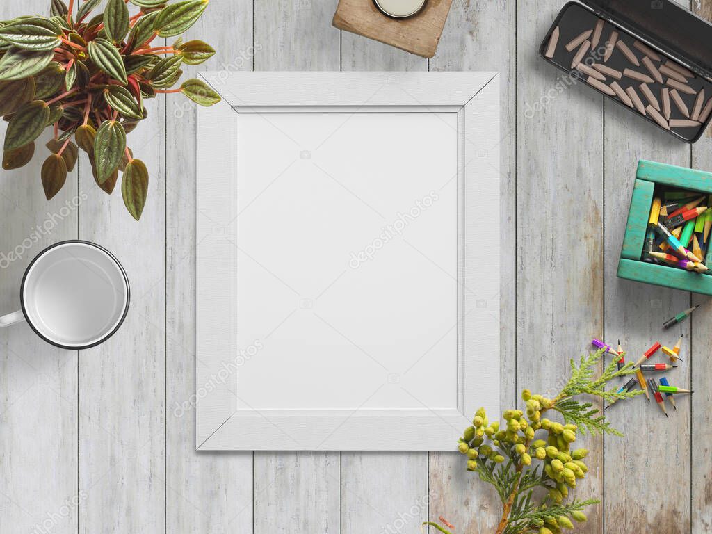 photo picture frame for mockup in vintage style on a white wooden floor, 3d illustration, 3d rendering	