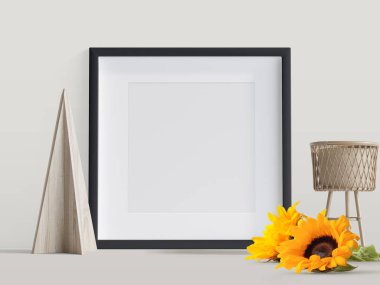 black photo frame with flowers, 3d Rendering, Illustration