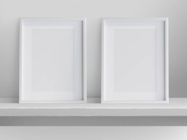 3:4 ratio, ratio, 2 photo frames with white border on shelf, 3d illustration, 3d rendering