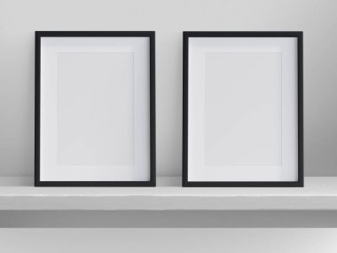3:4 ratio, ratio, photo 2 frames with black border on shelf, 3d illustration, 3d rendering