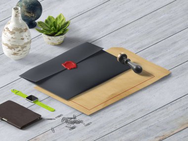 Folder with stamp seal and envelope on light wood planks, 3d illustration, 3d rendering