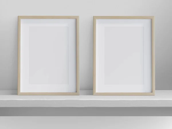 Ratio Ratio Photo Frames Wooden Border Shelf Illustration Rendering — Zdjęcie stockowe
