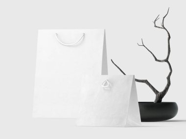 2 white paper bags for mockup with white background, 3d Illustration, 3d renderin