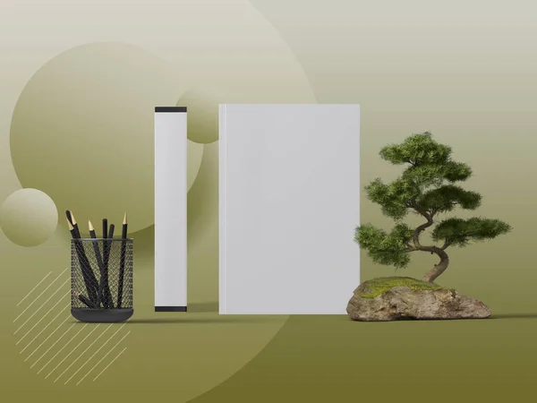 Mockup Book Cover Scene Pencils Tree Illustration Renderin — Stock Fotó