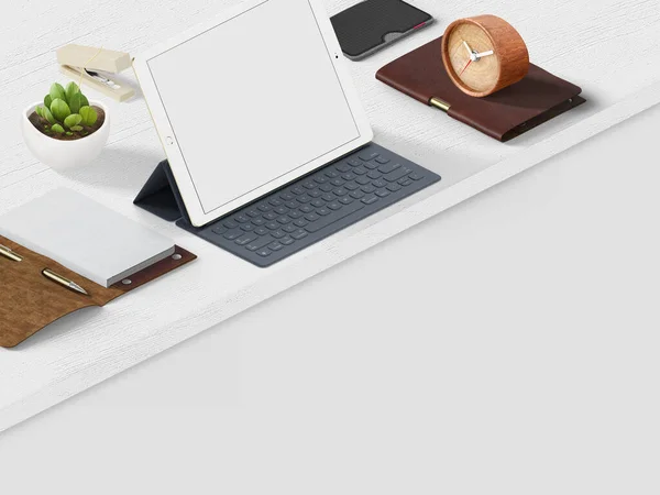 Tablet Mit Tastatur Und Bürogegenständen Auf Einem Holztisch Illustration Rendering — Stockfoto