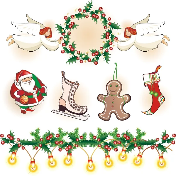 Vintage Christmas collection. Wreath, angels, Santa, sock, garland and skates. Vector Illustration. — Stock Vector