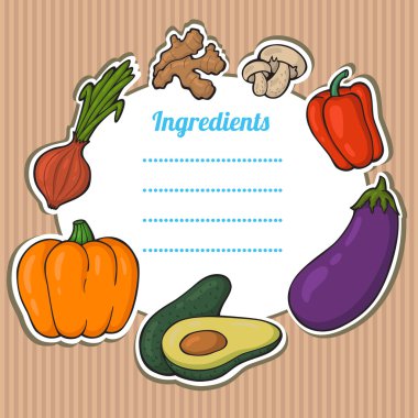 karikatür taze sebze kartı. renkli gıda simgeleri ile çevrili, sizin metin için yer ahşap zemin üzerine güzel dikey kompozisyon. sebzeli izole şirin grunge çerçeve.