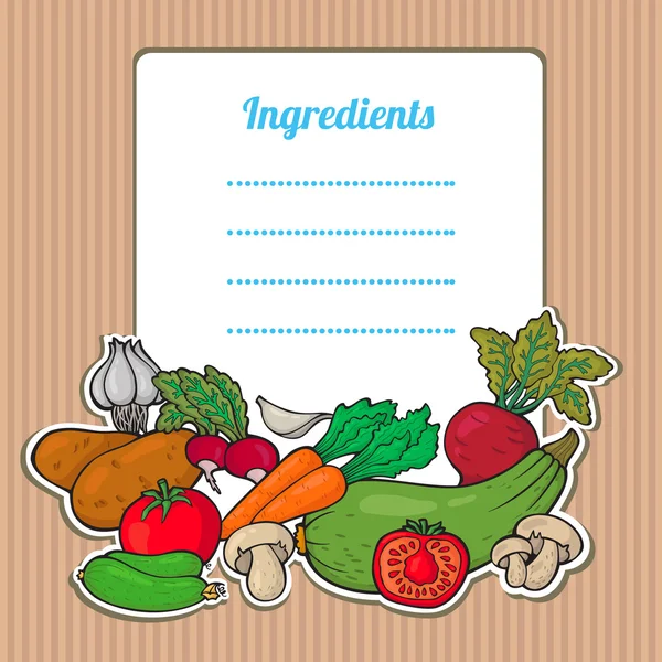 Γελοιογραφία κάρτα φρέσκα λαχανικά. υπέροχο κάθετη σύνθεση σε ξύλινα φόντο με χώρο για το κείμενό σας, που περιβάλλεται από εικόνες πολύχρωμο τροφίμων. χαριτωμένο grunge πλαίσιο με λαχανικά, απομονωμένη. — Διανυσματικό Αρχείο