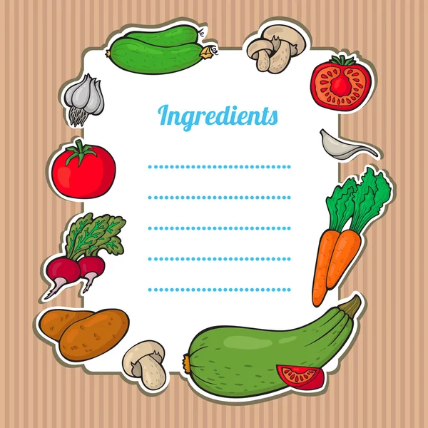 Cartoon fresh vegetables card. Lovely vertical composition on wooden background with space for your text, surrounded by colorful food icons. Cute grunge frame with vegetables, isolated. — Stock Vector