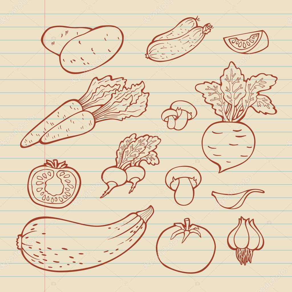 Conjunto de vegetais no estilo de desenho