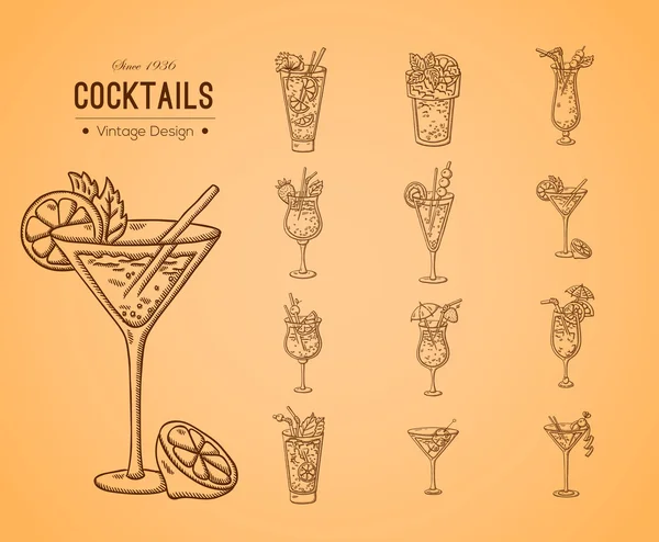 Eine große Auswahl an frischen Cocktails. — Stockvektor